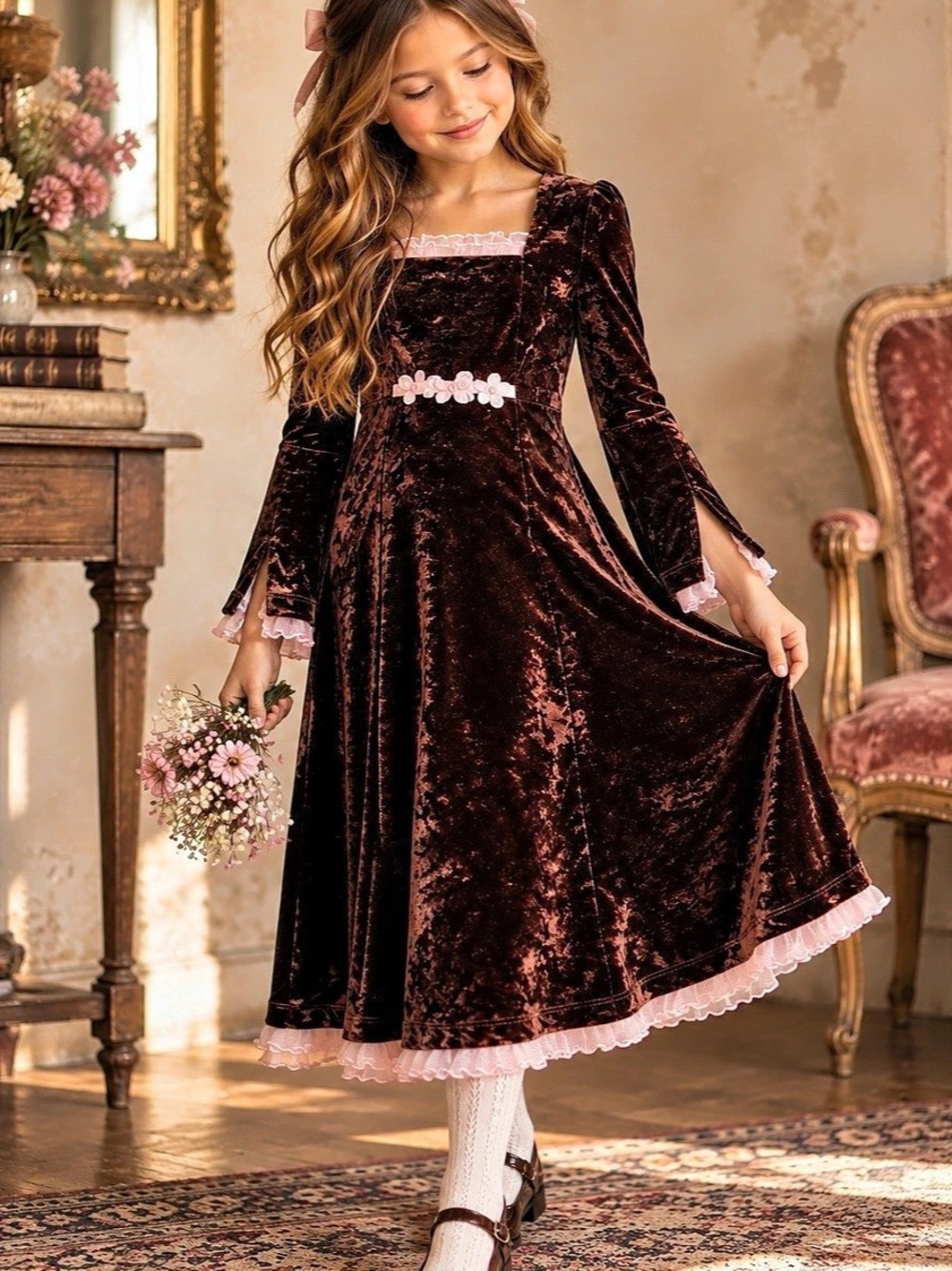 Genuine Rose Vintage 90s Y2K Girls 8 Brown Velvet Pink Ruffle Whimsy Midi Dress